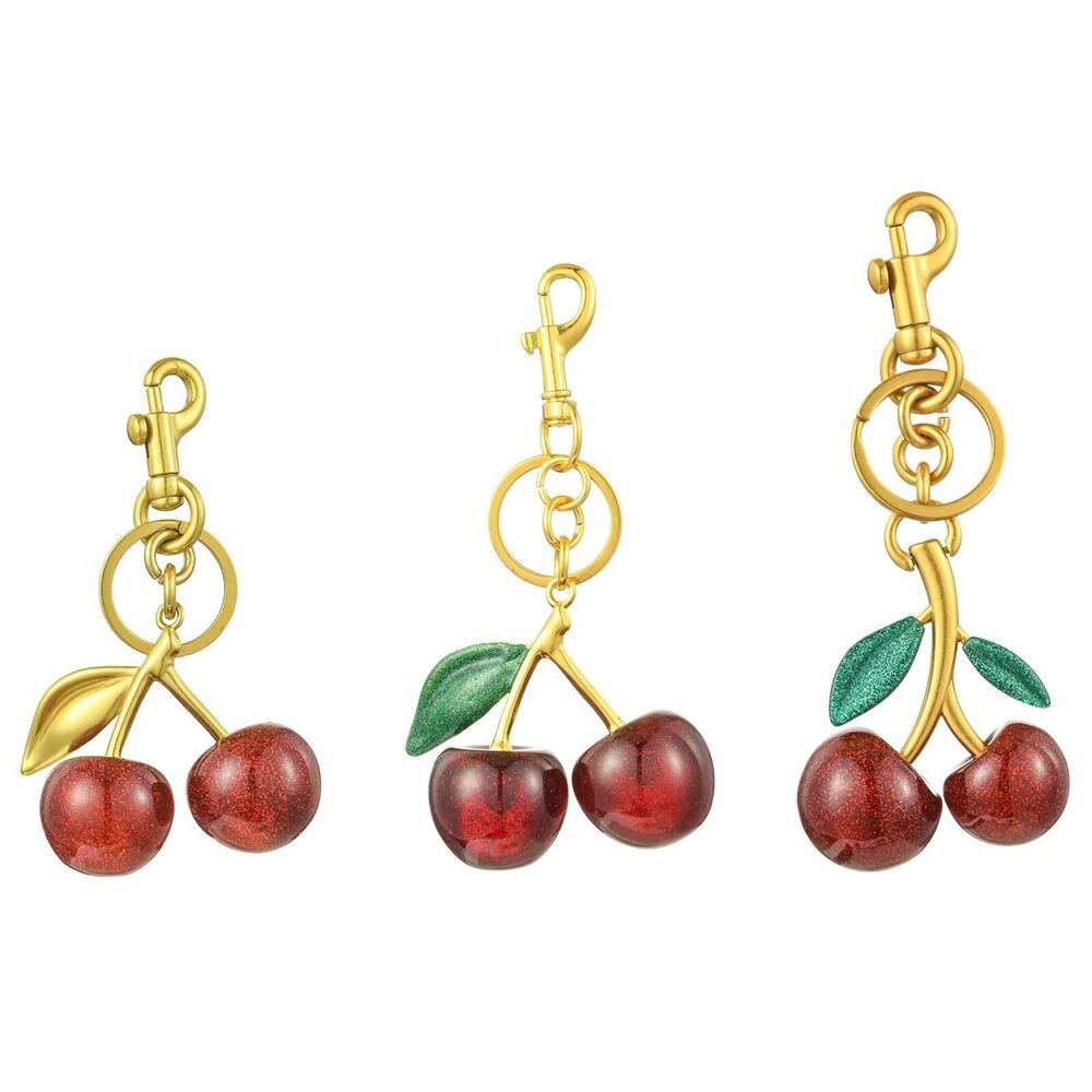 2287 3Pcs 3 Styles Glitter Red Cherry Keychains with Swivel Clasp 3D Resin